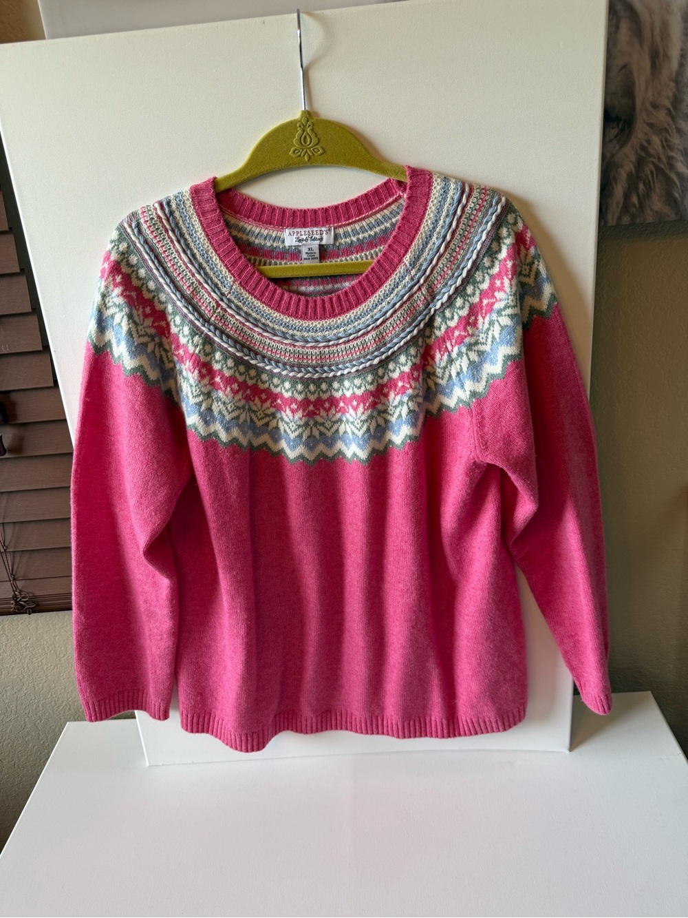 Appleseed's Bright Pink Fair Isle Yoke Crewneck Sweater